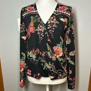 Hale Bob buttery Jersey soft‎ faux wrap top black butterfly size XS